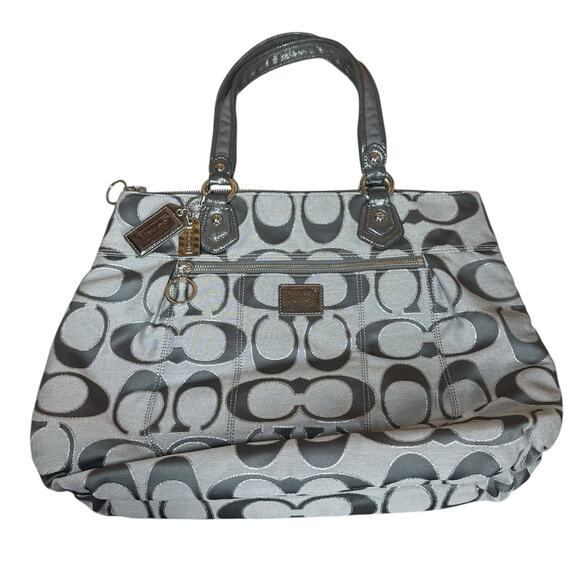 Coach Handbags - Coach Poppy Signature Sateen Tote Gray Silver Metallic Shoulder Bag Purse Large